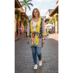 NWT John Mark Patchwork Tie Front Lace Kimono Cardigan Women's Large Boho Floral